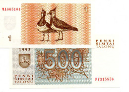 LITUANIE  -  Lot De 2 Billets : 1 Talonas 1992 Et 500 Talonas 1993  --- UNC ---   Lietuva - Lituanie