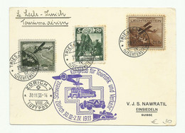 Airmail Post Cart Franked 75rp From TRIESENBERG 29.III.1933 To Einsiedeln (CH.) Via ZÜRICH 30.III.1933 (Le Locle-Sürich) - Poste Aérienne