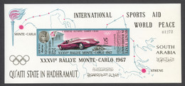 Aden, Qu'aiti State In Hadhramaut, 1967, Monte Carlo Rallye, Car Racing, Auto, Imperforated, MNH, Michel Block 14B - Other & Unclassified