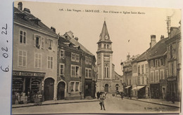 Cpa 1917, Les Vosges 88, Saint Dié, Rue D'Alsace Et Eglise Saint Martin, Animées Enseignes Commerciales Etc, éd Cuny, - Saint Die