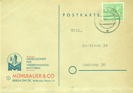 Berlin 1950 " Fa Mühlbauer&Co Ges.f.Verbrennungsmotoren Geschäftspostkarte Vertreter " Bedarf 10Pf > Hamburg - Neukoelln