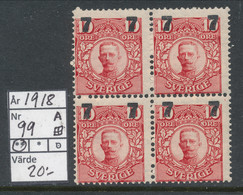 Sweden 1918 Facit # 99. Block Of 4.Provisionals Surcharge On  Gustaf V Medaljong. MNH (**). - Unused Stamps