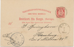 NORWEGEN 1897, 10 Ö Posthorn Kab.-Auslands-GA-Postkarte (Wertstempel In Antigua) Mit Seltene K2 „ODDE“ Nach „HAMBURG“ - Brieven En Documenten
