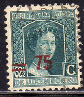 LUXEMBOURG LUSSEMBURGO 1916 1924 STAMPS OF 1906 1919 SURCHARGED WITH NEW VALUE CENT. 75 On 62 1/2c USED USATO OBLITERE' - Andere & Zonder Classificatie