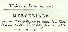 1813 Italie MAIRIE DE TURIN PERIODE FRANCAISE MERCURIALE DES PRIX  DES DENREES SUPERBE IMPRESSION CACHET + SIGNATURE - Italia