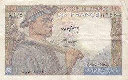 Billet 10 F Mineur Du 10-3-1949 FAY 08.20 Alph. K.178 Sans épinglage - 10 F 1941-1949 ''Mineur''