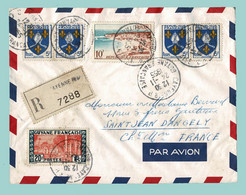 1955. Enveloppe Affranchie Lettre Recommandée Par AVION De CAYENNE, GUYANE FRANÇAISE à 17 St JEAN D'ANGÉLY - Lettres & Documents