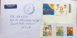 BRAZIL 2008, USED COVER TO INDIA A 5 STAMPS ,MUSIC,WATER SAVING,IRON SMITH,BEIJING OLYMPIC SE-TENENT LARGE MARGIN REDENT - Lettres & Documents
