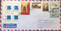 GREECE 2004, AIRMAIL COVER USED TO INDIA,9 STAMPS,OLYMPIC,ART ,PAINTING,AEROPLANE,RAILWAY,STATUE - Lettres & Documents