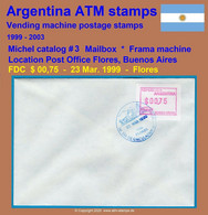 1999 Argentinien Argentina ATM 3 / $0,75 On FDC 23 MAR.1999 / FRAMA Automatenmarken Etiquetas Klüssendorf - Franking Labels