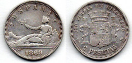 Espagne- 2 Pesetas 1869 (68) SN-M TB+ - First Minting