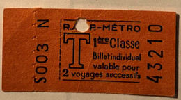 Metropolitain De Paris - Ticket 1ere Classe Pour 2 Voyages - Tarif T - Europa