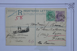 C INDE   BELLE LETTRE  RECOM. 1909 NAYAVANAM  VIA BOMBAY POUR LYON   FRANCE + +A VOIR +  AFFRANCH. PLAISANT - 1902-11 King Edward VII