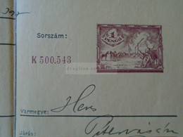 ZA323A5 Hungary    Revenue Stamp  RECSK  1939   1 Pengő Stationery   Vieh Pass Marhalevel - Steuermarken