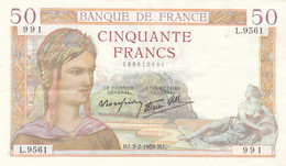 Billet 50 F Cérès Du 2-2-1939 FAY 18.21 Alph. L.9561 N° 991 SUP+ - 50 F 1934-1940 ''Cérès''