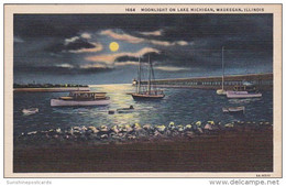 Illinois Waukegan Moonlight On Lake Michigan 1943 Curteich - Waukegan