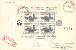 COB BL31 Sur Lettre RARE - Recommandé Obl à Antwerpen - Dessin Du Compas Par Hergé - Expédition Antartique Belge -1957 - Brieven En Documenten