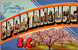 South Carolina Spartanburg Greetings Large Letter Linen 1943 Curteich - Spartanburg