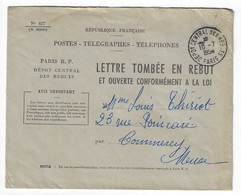 PARIS R.P. DEPOT CENTRAL REBUTS Paris 1954 Enveloppe Réexpédition Lettre Formule N° 827/(X. 322009) Dest Commercy Meuse - 1921-1960: Modern Period