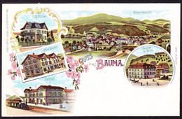 Um 1900 Ungelaufene Litho AK: Gruss Aus Bauma. 4 Bildrig. Bahnhof, Coiffeur, Gasthof Tanne, Villa Ottiker - Bauma