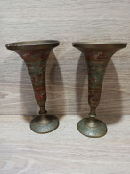 Lot 2 Petit Vase Coupe Laiton Email Peint Main Inde - Autres & Non Classés