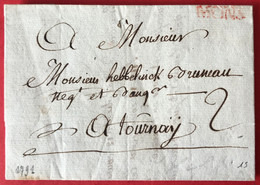 Belgique, Griffe Rouge MONS Sur Lettre 1791 Pour Tournay - (A791) - 1794-1814 (Période Française)