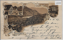 Gruss Aus Lungern - Litho 1897 - Dorfstrasse, Kurhaus, Totalansicht - Lungern