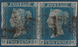 Grande Bretagne Paire N°4b Two Pence Bleu Oblitérée Variété "tete D'ivoire"  TTB - Gebruikt