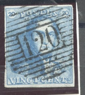 BELGIQUE - COB 2a 20C BLEU CLAIR EPAULETTES MARGE OBLITERE - 1849 Epauletten