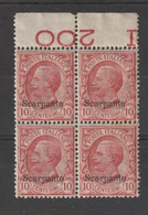 EGEO - SCARPANTO:  1912  SOPRASTAMPATI  -  10 C. ROSA  BL. 4  N.  -  SASS. 3 - Egée (Scarpanto)