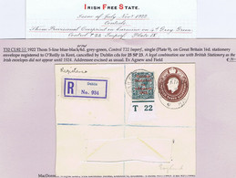 Ireland 1922 Thom Rialtas Ovpt In Red On 4d, Control T22 Imperf, Used On GB 1½d Brown Envelope Dublin To Kent - Covers & Documents