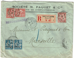 CTN80 - LEVANT FRANCAIS - MIXTE MOUCHON 1p/25cPAIRE HORIZ. + 10c X 3 REC. CONSTANTINOPLE / MARSEILLE 28/11/1912 - Lettres & Documents