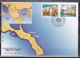 Yugoslavia 2001 Monasteries On Athos Holy Mountain Greece Religions FDC - Covers & Documents