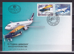 Yugoslavia 2002 75 Years Of Civil Aviation Airplanes Transport FDC - Covers & Documents