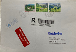 LIECHTENSTEIN 2006, 3 STAMPS USED IN SWITZERLAND REGISTERED!!! INTERESTING SCHAAN CITY CANCELLATION!!! COVER TO ENGLAND - Storia Postale