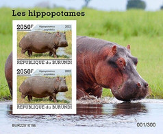 Burundi 2022, Animals, Hippo IV, Block IMPERFORATED - Unused Stamps