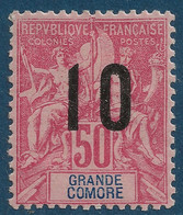 France Colonies Grande Comore N°28A* 10c Sur 50c Variété " Chiffres Espacés " (tirage : 1340)  Signé Calves - Nuovi