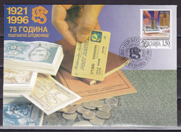 Yugoslavia 1996 75 Years Of The Postal Savings Bank Banknotes Coins Numismatics FDC - Covers & Documents