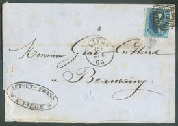 N°15 - Médaillon 20 Centimes Bleu, Obl; P.73 Sur Lettre De LIEGE (en-tête CIGARES Et TABACS ATTOUT FRANS).  TB  - 19331 - 1863-1864 Médaillons (13/16)