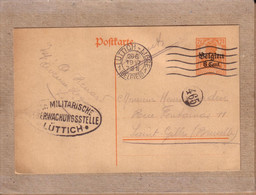 BELGIQUE - CARTE ENTIER 7 1/2 SURCHAGE BELGIEN 8 C DE LÜTTICH LIEGE POUR SAINT GILLES , CENSURE CTR MILITARISCHE - 1917 - OC1/25 General Government