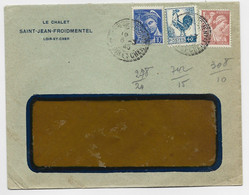 COQ 40C BLEU + MERCURE 10 C 1FR50 IRIS LETTRE A FENETRE FACTEUR BOITIER ST JEAN FROIDMENTEL LOIR ET CHER 6.3.45 AU TARIF - 1944 Hahn Und Marianne D'Alger