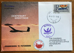 GLIDER MAIL=SOUTH AFRICA=JOHANNESBURG To MAYORS OFFICE, PIETERSBURG=25.9.1986=CENTENARY GREETINGS=JHB 100 - Airmail