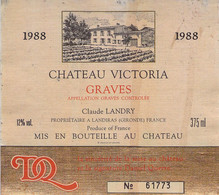 Etiquette Chateau Victoria - Graves - Claude Landry - France - 1988 - Red Wines