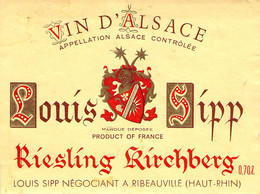 Etiquette Louis Sipp  - Riesling Kirchberg - Ribeauville - Riesling