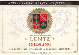 Etiquette Appelation Alsace Controlée - Riesling - Lentz - Bennwihr - Riesling
