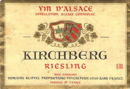 Etiquette Appelation Alsace Controlée - Riesling - Kirchberg - Barr - Domaine Klipfel - Riesling