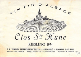 Etiquette Vin Fin D'Alsace - Riesling 1974 - Clos Ste Hune - Ribeauville Et Hunawihr - Riesling
