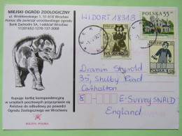 Poland 1999 Postcard Miejski Ogrod Zoo (elephant) - Elk To England - Country Estates Oblegorku - Zodiac Virgo Aquarius - Brieven En Documenten