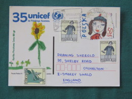 Poland 1998 Stationery Postcard To England - UNICEF - Children Painting - Zodiac Cancer - Covers & Documents