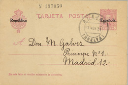 1931 HUELVA  ,  E.P. 61 CIRCULADO ENTRE ALAJAR Y MADRID - 1850-1931